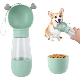 Botella De Agua para Perros, Dispensador Portátil de Botellas de Agua para Mascotas con Contenedor de Alimentos, Alimentador Mascotas Caminar al Aire Libre, Senderismo Viajes, 350ml (Verde)