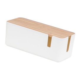 KOMBIUDA Cable Ties Organizer Box with Bamboo Lid Durable Charging Cable Storage for Tidy Home Office Cord Management for Desk Wire Organization