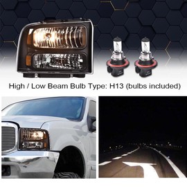 PIT66 Headlights, Compatible with 99-04 Ford F250 F350 F450 F550 Super Duty/00-04 Ford Excursion Clear lens Black Housing Amber Reflector with Harness