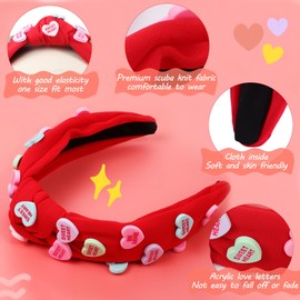 Ewaycom Valentine's Day Red Heart Headband for Women Love Letter Heart Candy Embellished Wide Top Knotted Headband with 2 Pair Heart Earrings Romantic Hair Accessories Valentine's Day Gifts