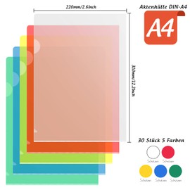 LEOBRO Document Wallet, Pack of 30, 5 Colours, A4 Document Folder, 0.16 mm PP Transparent Pockets Open Top and Side for DIN A4 Storage of Paper, Office and Mobile Organisation