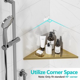 Qeke Bathroom Corner Shelf, Recessed 12" Shower Shelf Caddy, SUS304 Stainless Steel Shelf Wall Mount Triangular, No Drilling, Brushed Golden
