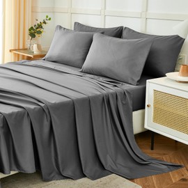 Bed Linen for Queen Bed 180 4-Piece Polyester Bed Linen Set Fitted Sheet 180 x 190/200 cm, Double Bed 240 x 250 cm and 2 Pillowcases 50 x 80 cm, Dark Grey