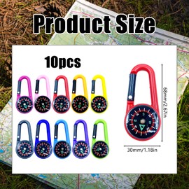 Pack of 10 compass children, compas keyring, colourful mini compass carabiner, multifunctional portable compass, small, for camping, outdoor, hiking
