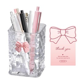 FCKLVMC Cute Clear Pen Holder with Bow Desk Decoration, 10.5x7.5x7.5 cm Acrylic Pencil Holder Wall Organizer with Pink Bow Thank You Card