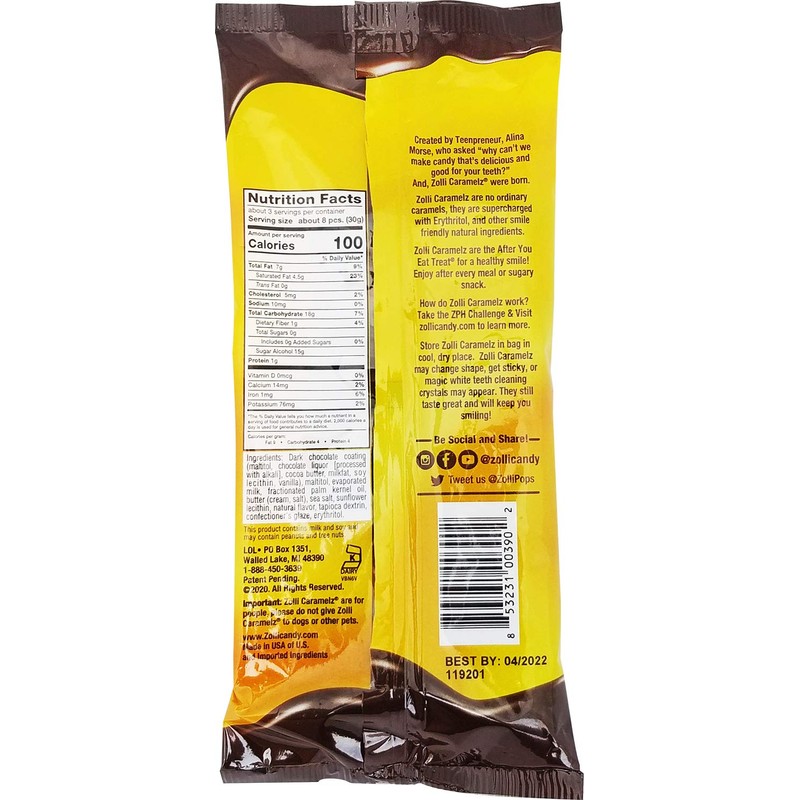 Zollipops Zolli Caramelz Clean Teeth Candy, Dark Chocolate, 6 Ounce