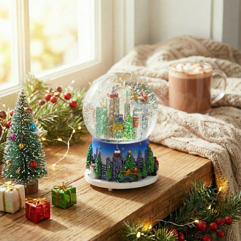 Musical New York City Christmas Snow Globe Rockefeller Center Skyline