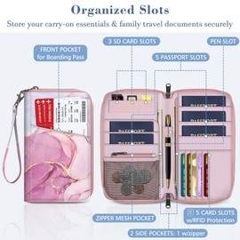FINTIE Passport Holder Travel Wallet for Family 4-6, RFID Blocking Travel Document Organizer Clutch Bag for Passports, Business Cards, Credit Cards, Boarding Passes, Marble Pink