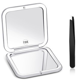 Geetery Travel Compact Magnifying Mirror with Tweezers, 1X/15X Magnification 3.35'' x 3.35'' Pocket Size Mirror Small Folding Makeup Mirror Handheld Portable for Travel and Purses(White)