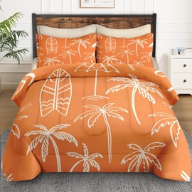 WeCozy 7 Pcs Queen Size Comforter Set with 2 Pillowcases & 2 Shams, Boho Palm Tree Beach Bedding Set for Kids and Adults, Summer Hawaiian Tropical Leaf Bed in a Bag with Flat Sheet and Fitted Sheet