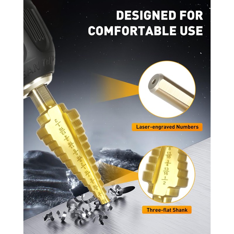 COMOWARE Step Drill Bit Set 5-Piece Titanium-Coated with Automatic Center