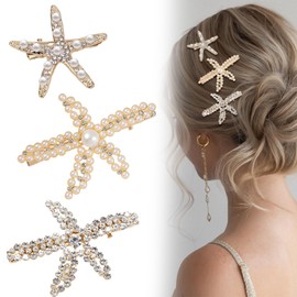 3Pcs Starfish Hair Clips, Gold Beach Hair Barrettes with Pearl & Rhinestone Accents Hair Accessories for Women | Great for Ocean Theme Parties, Weddings, and Special Occasions