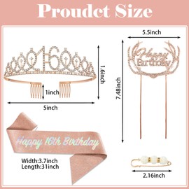 POPOYU 16th Birthday Tiara and Sash,Rose Gold 16th Birthday Crown,Birthday Princess Sash,Sweet 16 Birthday& Sash for for Her Girls Birthdays Accessories Gifts Party Costume Decoration