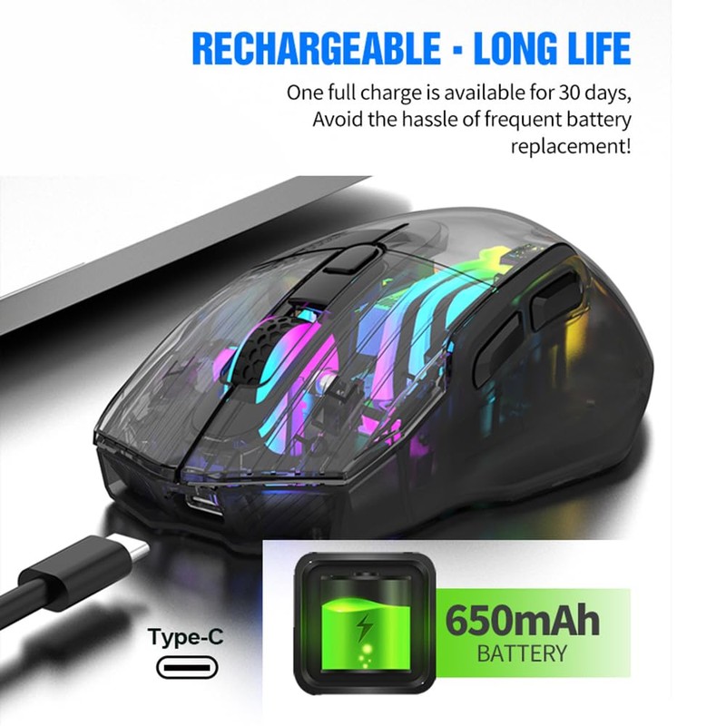 Docooler Wireless Gaming Mouse, Transparent Crystal Shell, 3 Modes (USB