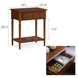 Coastal Nightstand Side Table One Drawer Traditional–USB C Fast Charging Station, A/C and USB Charging Port Integrated – Durable Solid Wood – Living Room, Bedroom, Office, Pecan – Leick Home, 20022-PC