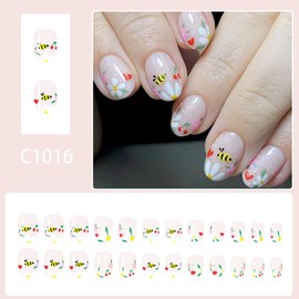 Onsdag Press on Nails Oval Shaped Glossy Full Cover Acrylic French Short False Nails with Designs Artificial Oval Fake Nails with Charms Glue Stick ons Fingernails for Women Girls(C1016)
