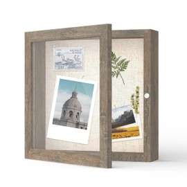 FrameWorks 8x8 Deep Shadow Box Frame, Wooden Display Case w. Linen Board & Tempered Glass Door - Brown Woodgrain - Small - Wall Mounted