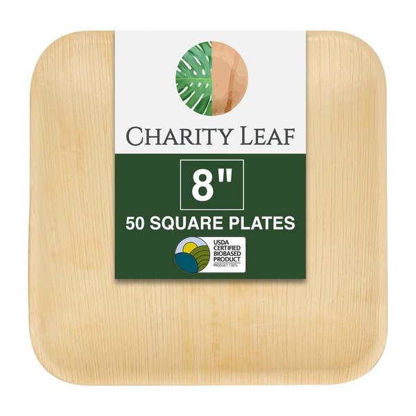 Charity Leaf Disposable 8" Square Palm Leaf Plates (50-pack) | Premium like Bamboo, Eco Friendly, Biodegradable, Heavy Duty, 100% Natural | Perfect for Outdoor Parties, Weddings, BBQs, Catering Events