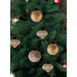 Serene Spaces Living Set of 12 Tinted Gold Foil Eclectic Glass Ornaments, Golden Ornaments in Various Shape & Style, Glitter Gold Accessories for Christmas Tree Decorations, Holidays, 2" Dia & 2" Tall