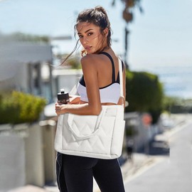 WOVTATOO Puffer Tote Bag for Women Nylon Quilted Tote Bag Lightweight Puffy Shoulder Bag White