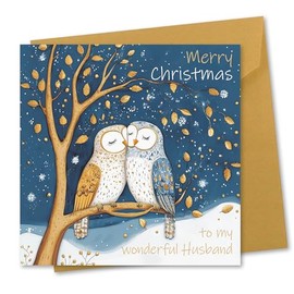 Christmas Card for Husband. Owls Design. Eco-friendly & UK Made. Verse Inside. 148x148mm card size.