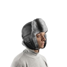 Winter Trapper Hat Hunting Hat Ushanka Ear Flap Chin Strap, Winter Hat Gift Ideas for Women Men Rabbit Fur Leather - Black