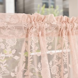 FINECITY Blush Lace Valance Curtain for Kitchen Window, Country Rustic Floral Short Lace Cafe Curtain 18 Inch Length, Privacy Lace Sheer Valance Curtain, 52 x 18 Inch, 1 Panel, Blush Pink
