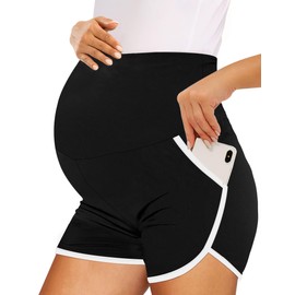 Peauty Summer Gray Maternity Shorts Active Plus Size Maternity Shorts Over The Belly with Pockets Pajamas Pregnancy Pants Maternity (Black and White Contrast XXL)