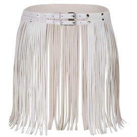 TACKTIMES Women PU Leather Solid Tassel Skirt Stage Performance Costume High Waist Hippie Boho Jazz Dance Dress Dancewear (White, OneSize)