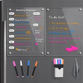 2 Pcs Magnetic Weekly Calendar for Fridge,9x12" Acrylic Magnet Dry Erase Board, Small Week Meal Planner Board for Refrigerator, Clear Whiteboard Calendar includes 4 Colors Markers and Pen Container