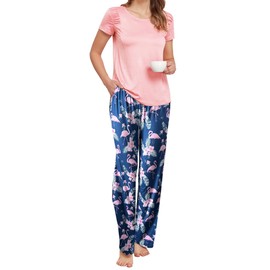Famulily Women's Cute Pyjamas Set Ruched Shoulder Cotton Pjs Loungewear Soft Floral Sleepwear Set with Pockets Pink XL