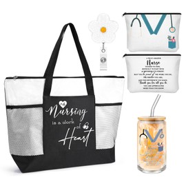 Locmeo 4 Pcs Nurse Tote Bags Rn 16oz Glasse with Bamboo Lids Makeup Bag Badge Reel Appreciation Gift for Nurse(White)