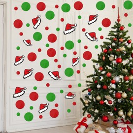 Lime Green Red Vinyl Wall Stickers and Santa Hat Wall Decals Stickers Removable Adhesive Round Circles Polka Dots Vinyl Wall Decals for Bathroom Kids Room Nursery Xmas Party Decor