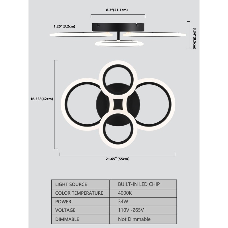 Vikaey Modern LED Flush Mount Ceiling Light, 4 Rings Black