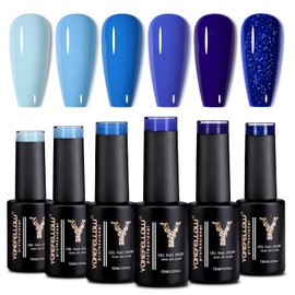 YOKE FELLOW Blue Nail Polish Set, 6 Colors Baby Blue Glitter Nail Polish Soak Off UV LED Gel Nail Polish Nail Art Starter Manicure Salon DIY at Home 0.33 OZ