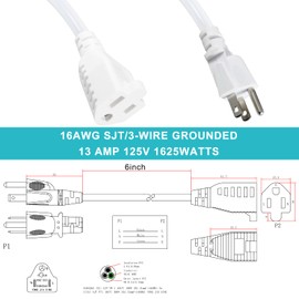 [1 PACK] Short 3Prong Power Extension Cord - White 6inch Mini Indoor Grounded Extension Cord,16AWG Small Electrical AC Extension Cord for Power Strip, 13amp Male to Female Household Extender Cable