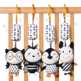TUMAMA Toy Baby Pram Hanging Toy, Cuddly Toys Contrast Animal Plush Toy with Hook, Soft Sensory Toy Gift for Newborns from 0, 3, 6, 9, 12 Months