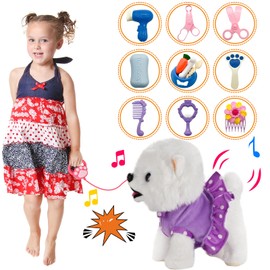 GOBRILLFUN Interactive Plush Puppy with Running, Barking and Tail Waving Function, Includes Grooming Kit, Girls and Boys, Children Aged 3, 4, 5, 6 Years (Purple White)