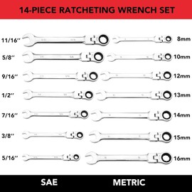 14 Pieces Wrench Set, Flex-Head Ratcheting Combination Set, SAE 5/16"-11/16""& Metric 8-16mm, 72-Teeth,Cr-V Steel Ratchet Wrenches Set with Storage Bag for Truck Garage Projects