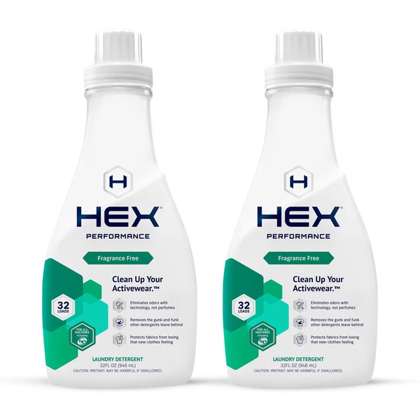 HEX Performance Laundry Detergent, Fragrance Free, 64 Loads (Pack of 2) - Designed for Activewear, Made for Sensitive Skin, Eco-Friendly, Concentrated Formula