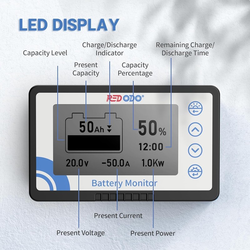 Redodo 500A Battery Monitor with Shunt, 8V-120V, 20ft Cable, High