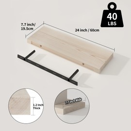 SAUMONIERES Floating Shelves 8 Inch Deep Solid Wood Wide Wall Shelf Set of 2 Wall Mounted for Bedroom Bathroom Living Room Kitchen, 24 Inch Natural