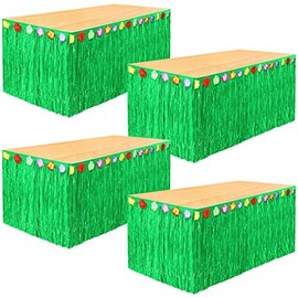 Fovths 4 Pack Luau Grass Table Skirt Natural 9 Feet x 29.5 Inch Hawaiian Table Skirt for Tropical Hawaiian Party Decorations Luau Party Costume Party, Green
