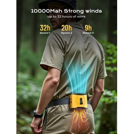 Portable Waist Fan with 10000mAh Battery & Mobile Charging, Hands Free Fan for Neck/Desk | 4-Speed 22H Cooling, SOS Light, LCD Display, Type-C Fast Charge, Outdoor Travel-Yellow