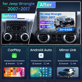 [4core+64G] Car Radio for Jeep Wrangler JK 2007-2017: 10.2" Car Stereo with Carplay Android Auto 1280 * 800 HD Touchscreen Head Unit Replacement 5G WiFi Bluetooth GPS FM SWC Backup Camera