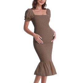 Maternity Summer Midi Bodycon Dresses, Short Puff Sleeve Square Neck Ruffle Hem Mermaid Baby Shower Dress Brown M