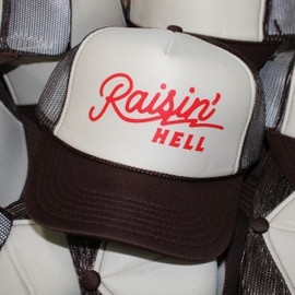 Raisin' Hell Trucker Hat | Vintage Cowboy Cowgirl Western Country Trendy | Premium Mesh Foam Snapback Hat for Men & Women (US, Alpha, One Size, Brown/Tan)