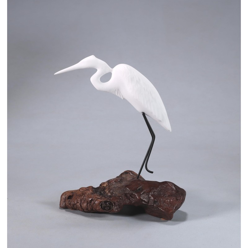 Egret Sculpture from John Perry on Burl Wood Pellucida 8in