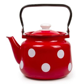 Enameled Tea Kettle Red White Polka-dot Enamelware Kettle 3.7-qt. (3.5 L) Serving Kettle