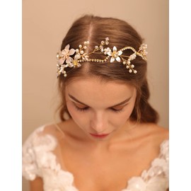 Jumwrit Bride Wedding Headband Flower Leaves Hair Accessories Handmade Crystal Headband Rhinestone Bridal Headpiece Gold Pearl Headband for Women Girls